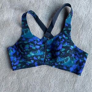 Blue and Green Patterned Front Zip Knix Sports Bra